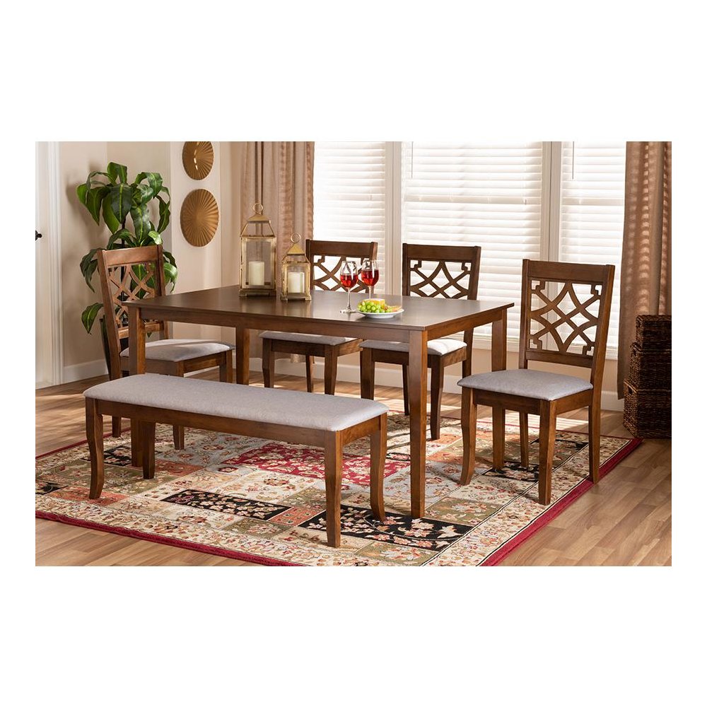 Grey Fabric Upholstered and Walnut Brown Finished Wood 6-Piece Dining Set