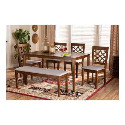 Grey Fabric Upholstered and Walnut Brown Finished Wood 6-Piece Dining Set