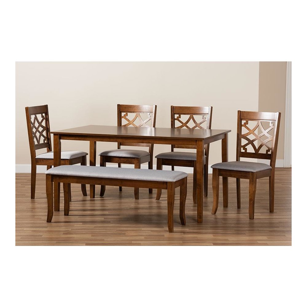 Grey Fabric Upholstered and Walnut Brown Finished Wood 6-Piece Dining Set