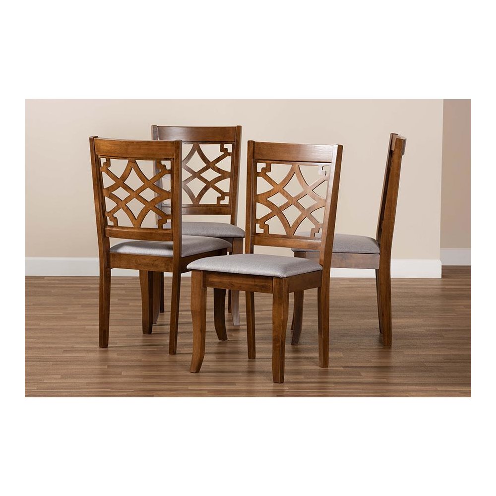 Grey Fabric Upholstered Walnut Brown Finished Wood 4-Piece Dining Chair Set