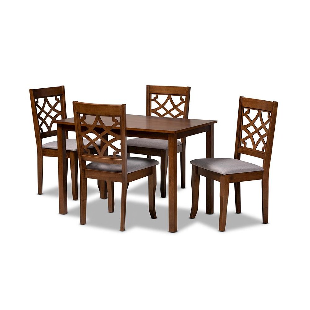 Grey Fabric Upholstered and Walnut Brown Finished Wood 5-Piece Dining Set