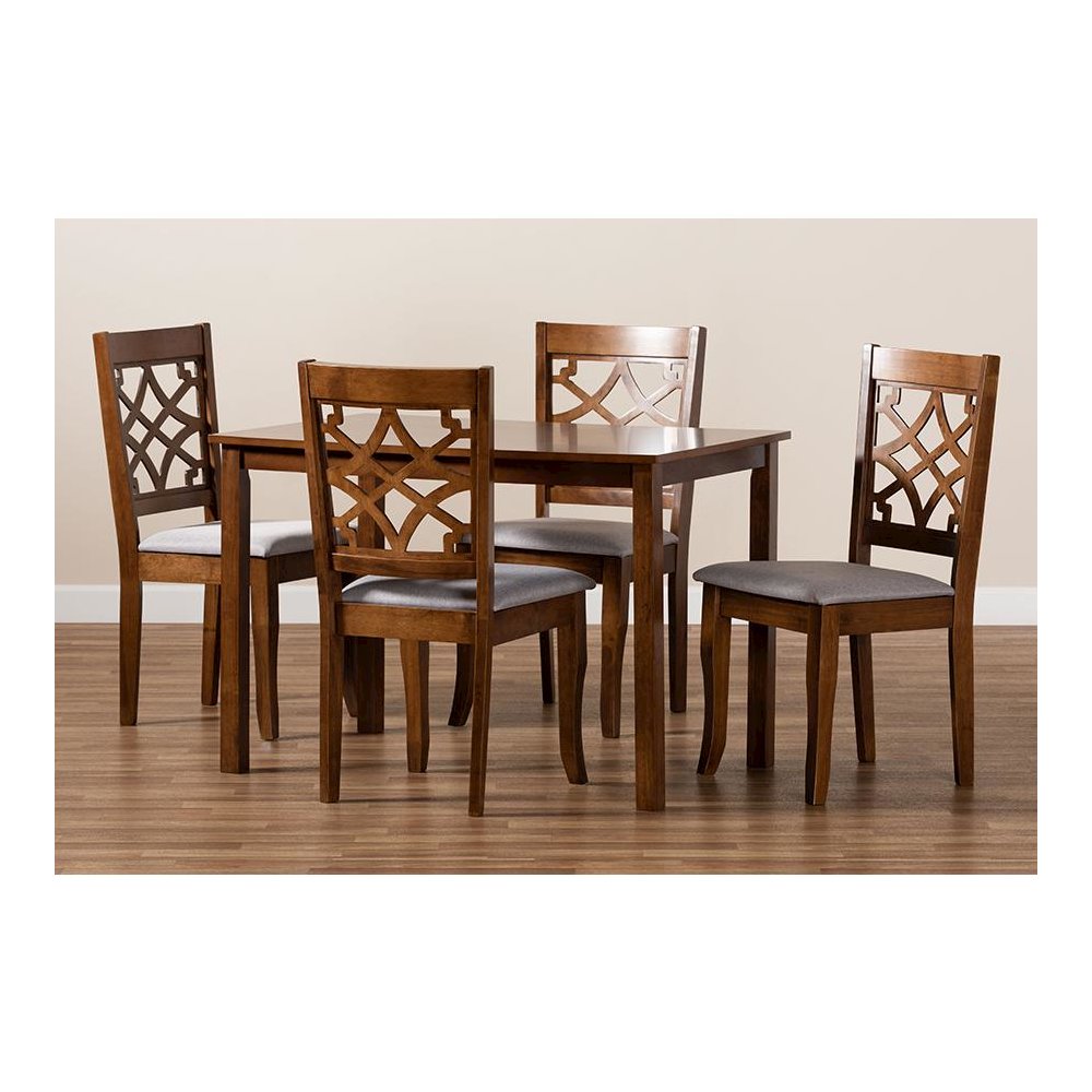 Grey Fabric Upholstered and Walnut Brown Finished Wood 5-Piece Dining Set