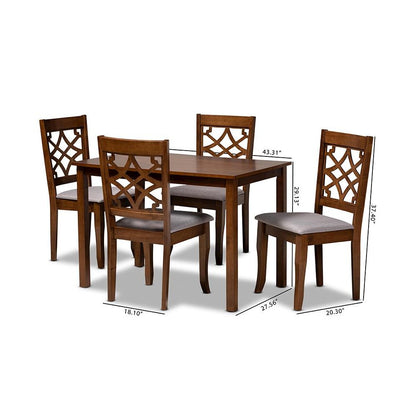 Grey Fabric Upholstered and Walnut Brown Finished Wood 5-Piece Dining Set