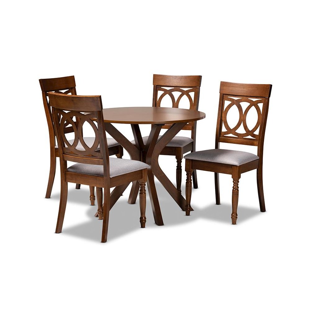 Grey Fabric Upholstered and Walnut Brown Finished Wood 5-Piece Dining Set