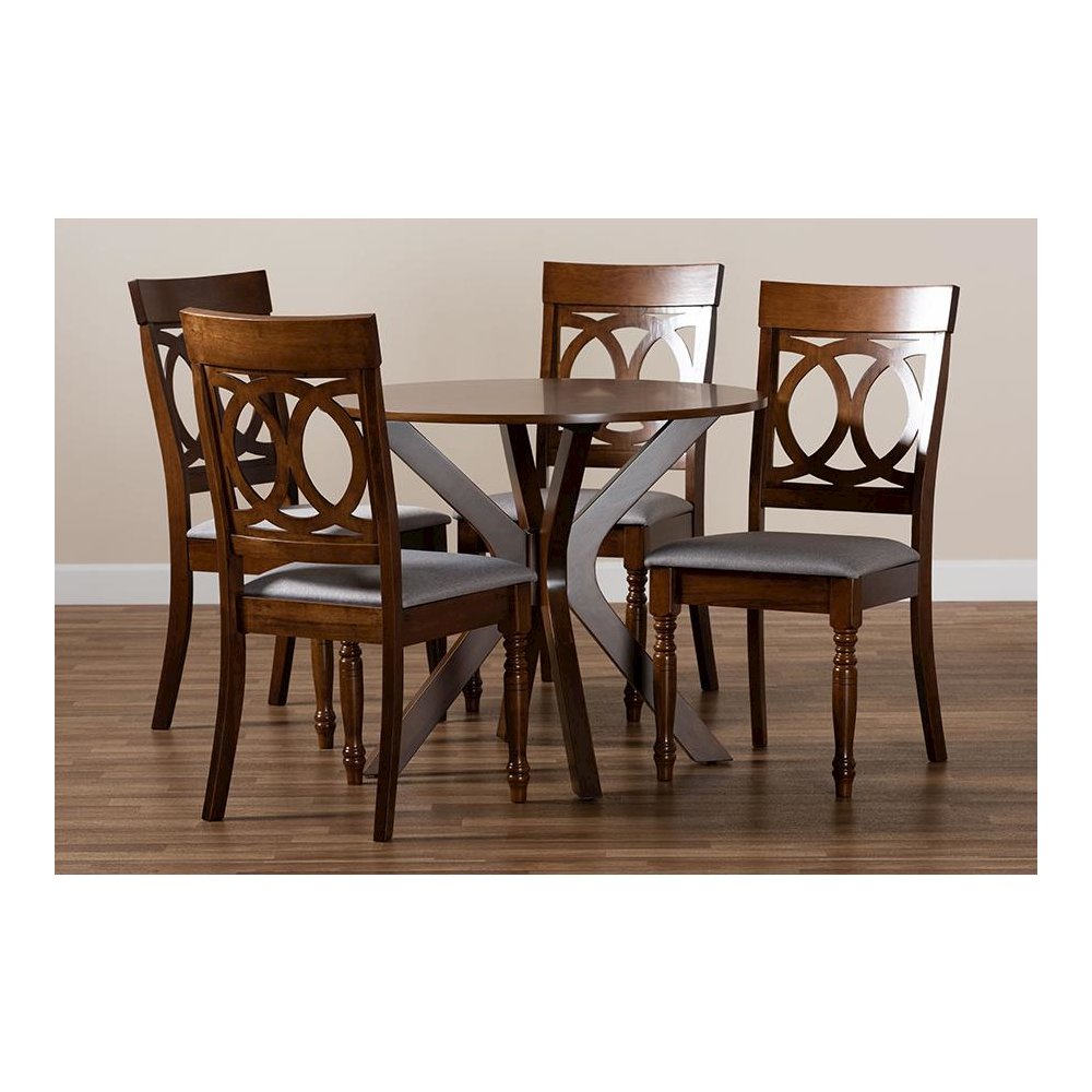 Grey Fabric Upholstered and Walnut Brown Finished Wood 5-Piece Dining Set
