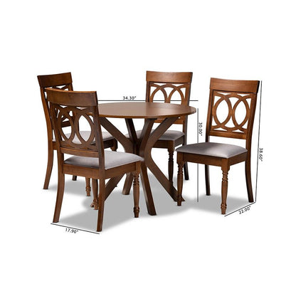 Grey Fabric Upholstered and Walnut Brown Finished Wood 5-Piece Dining Set