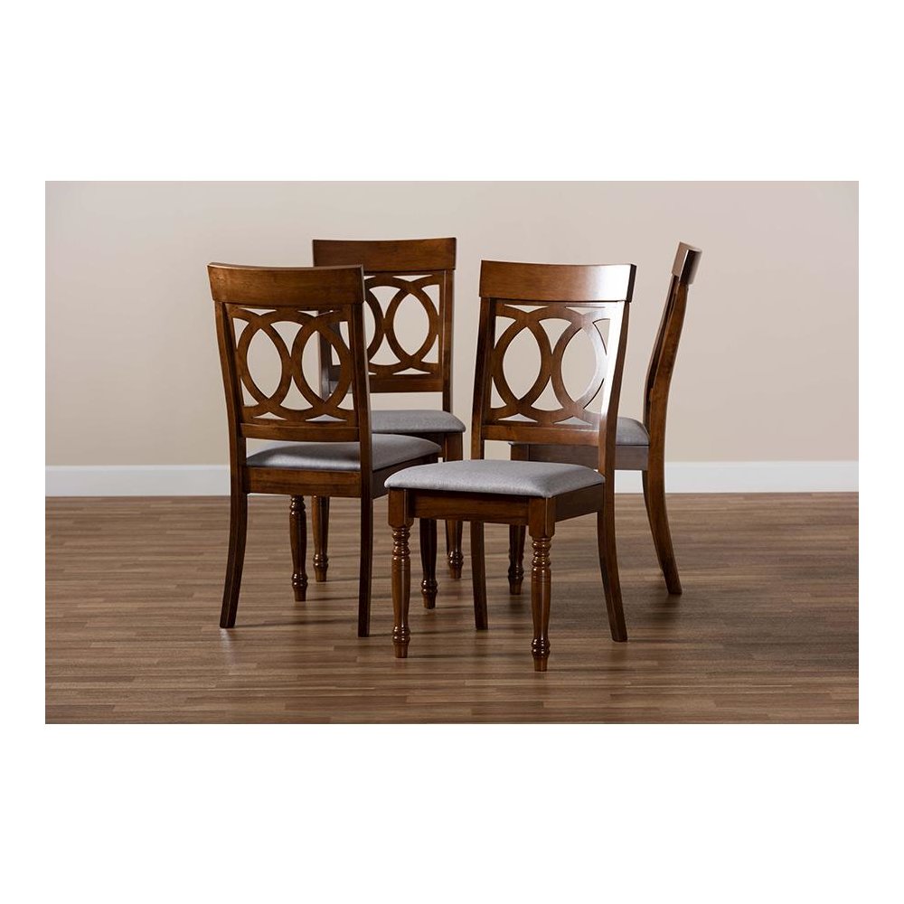 Grey Fabric Upholstered and Walnut Brown Finished Wood 4-Piece Dining Chair Set