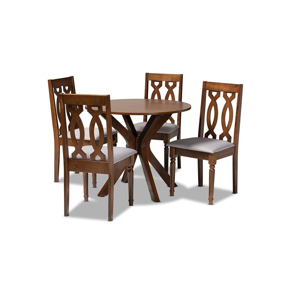 Grey Fabric Upholstered and Walnut Brown Finished Wood 5-Piece Dining Set