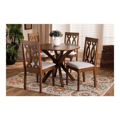 Grey Fabric Upholstered and Walnut Brown Finished Wood 5-Piece Dining Set
