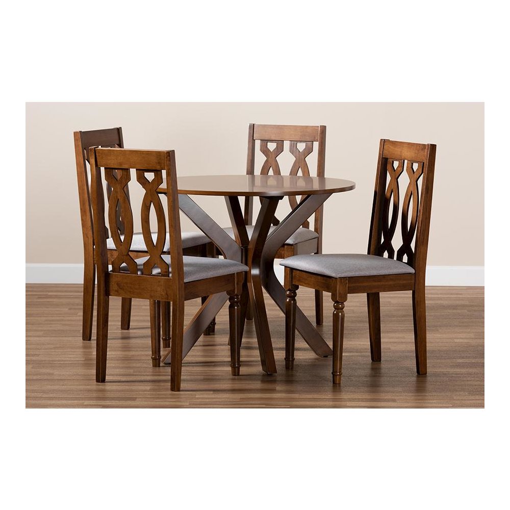 Grey Fabric Upholstered and Walnut Brown Finished Wood 5-Piece Dining Set