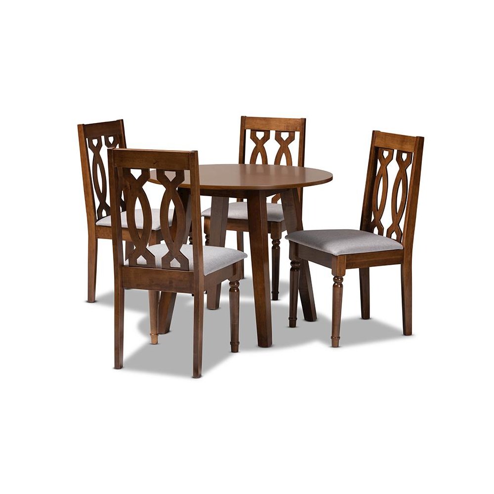 Grey Fabric Upholstered and Walnut Brown Finished Wood 5-Piece Dining Set
