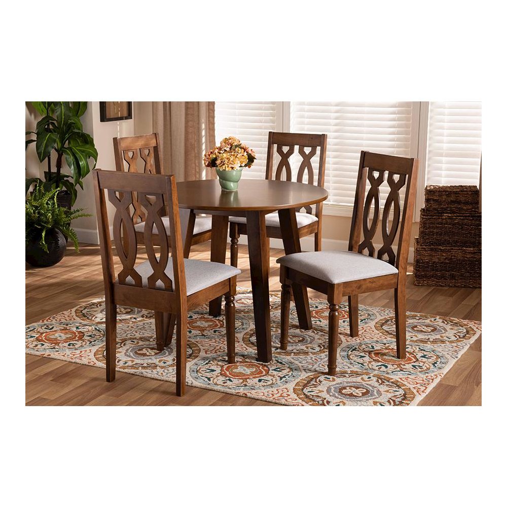 Grey Fabric Upholstered and Walnut Brown Finished Wood 5-Piece Dining Set
