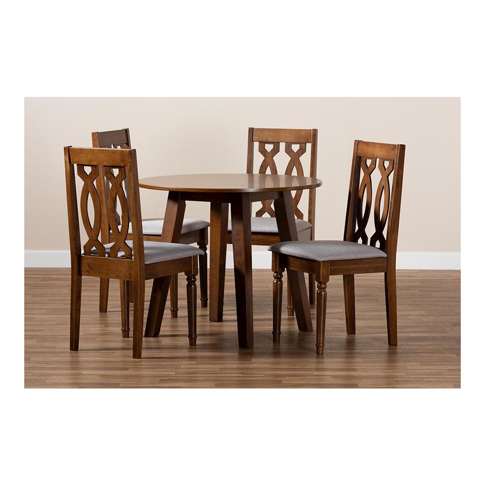 Grey Fabric Upholstered and Walnut Brown Finished Wood 5-Piece Dining Set