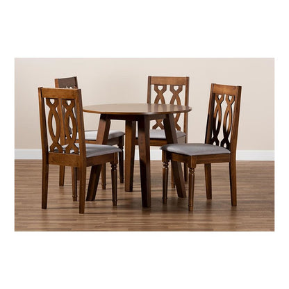 Grey Fabric Upholstered and Walnut Brown Finished Wood 5-Piece Dining Set