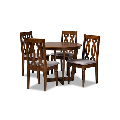 Grey Fabric Upholstered and Walnut Brown Finished Wood 5-Piece Dining Set