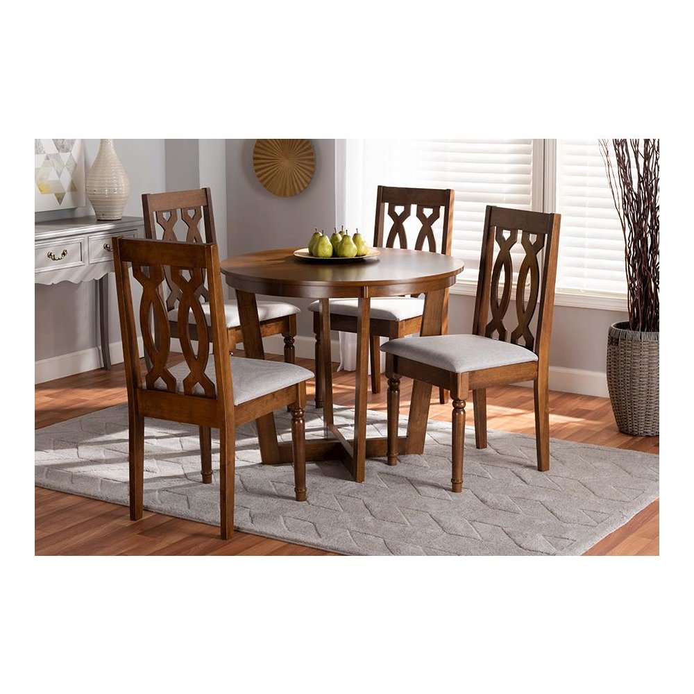 Grey Fabric Upholstered and Walnut Brown Finished Wood 5-Piece Dining Set