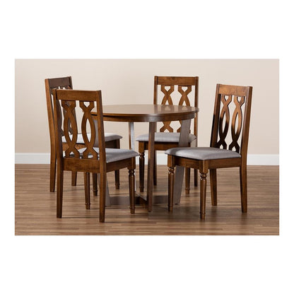 Grey Fabric Upholstered and Walnut Brown Finished Wood 5-Piece Dining Set