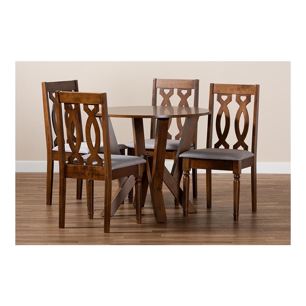 Grey Fabric Upholstered and Walnut Brown Finished Wood 5-Piece Dining Set