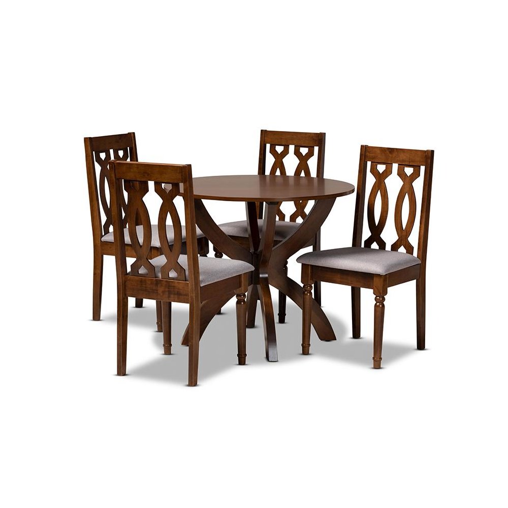 Grey Fabric Upholstered and Walnut Brown Finished Wood 5-Piece Dining Set