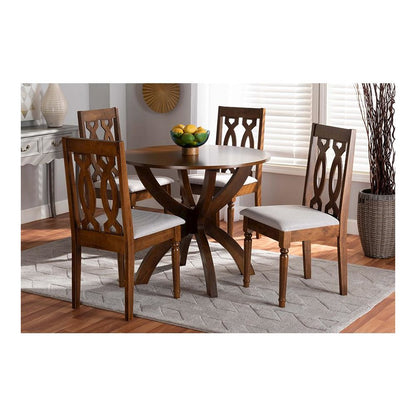 Grey Fabric Upholstered and Walnut Brown Finished Wood 5-Piece Dining Set