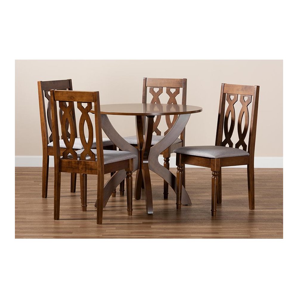 Grey Fabric Upholstered and Walnut Brown Finished Wood 5-Piece Dining Set