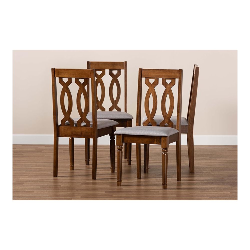 Grey Fabric Upholstered Walnut Brown Finished 4-Piece Wood Dining Chair Set