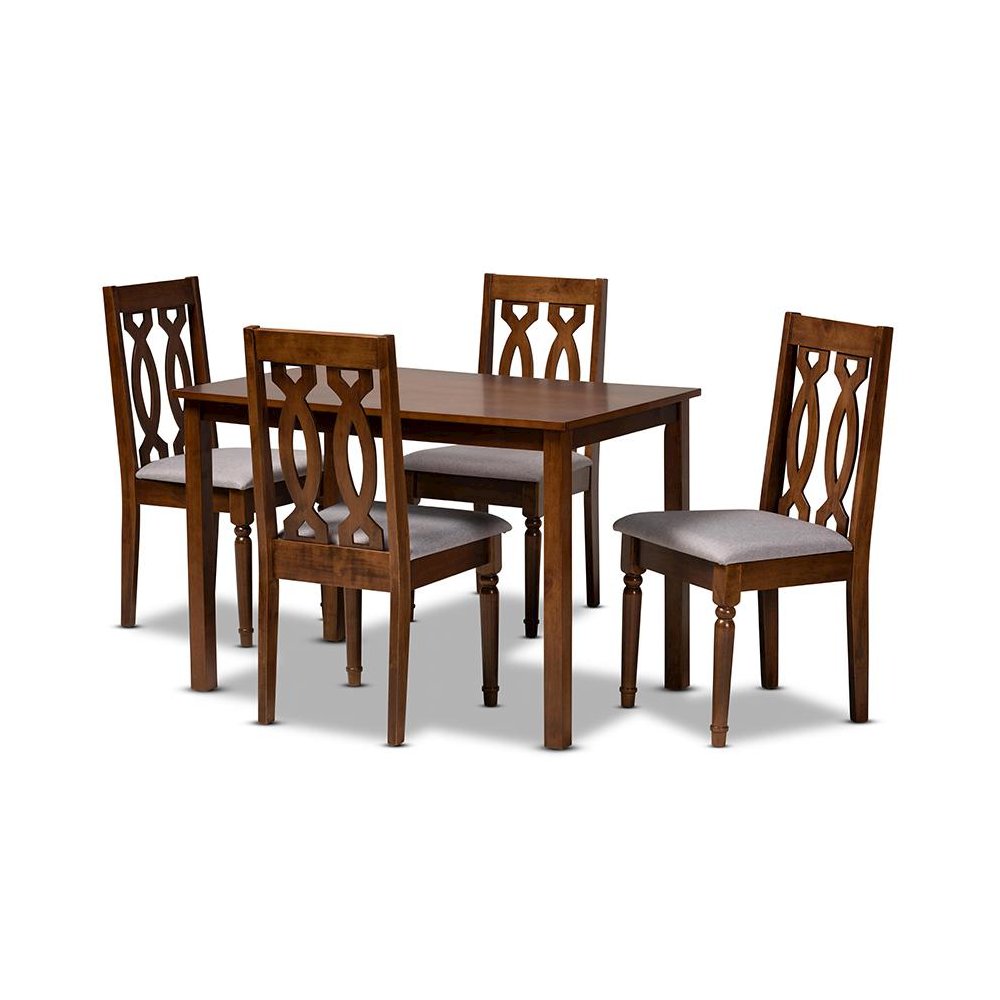 Grey Fabric Upholstered and Walnut Brown Finished Wood 5-Piece Dining Set