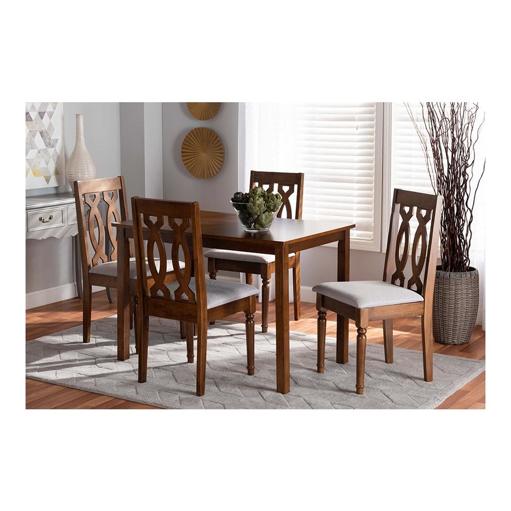 Grey Fabric Upholstered and Walnut Brown Finished Wood 5-Piece Dining Set