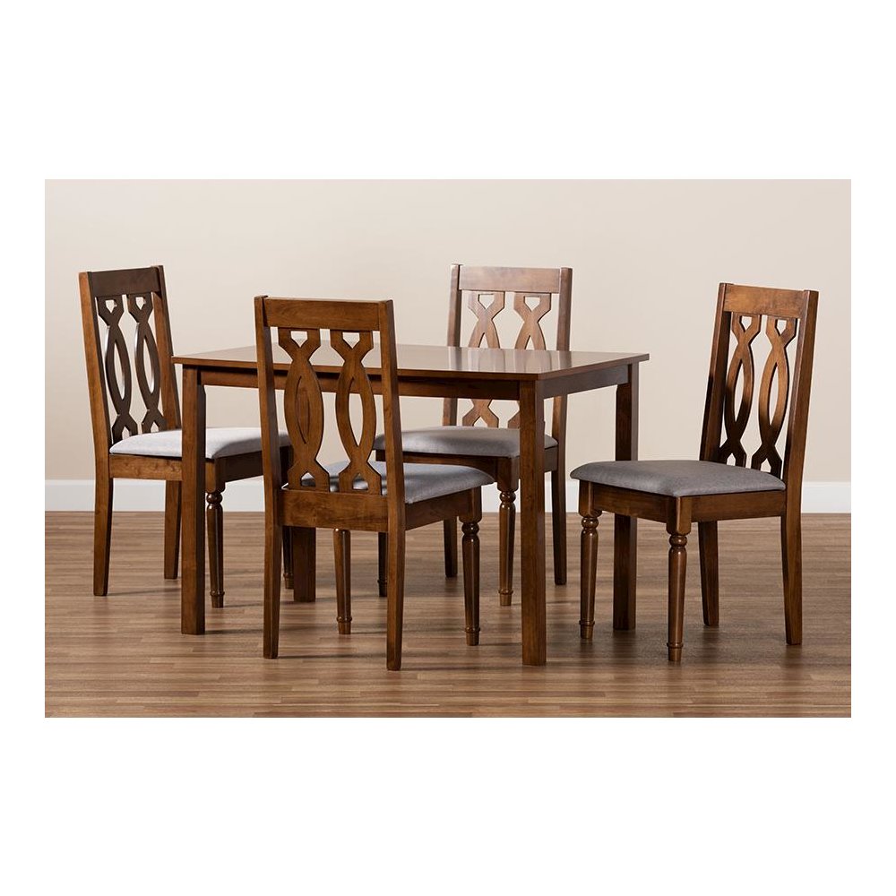 Grey Fabric Upholstered and Walnut Brown Finished Wood 5-Piece Dining Set