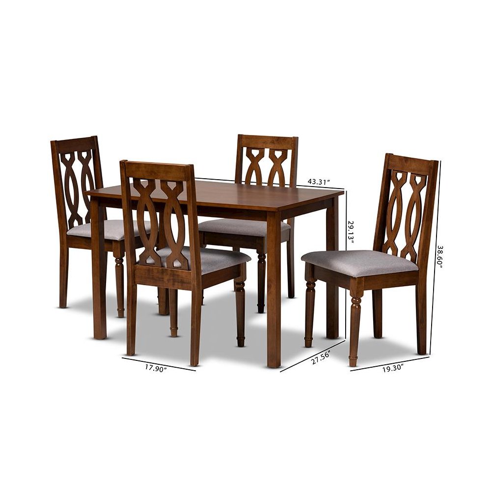 Grey Fabric Upholstered and Walnut Brown Finished Wood 5-Piece Dining Set