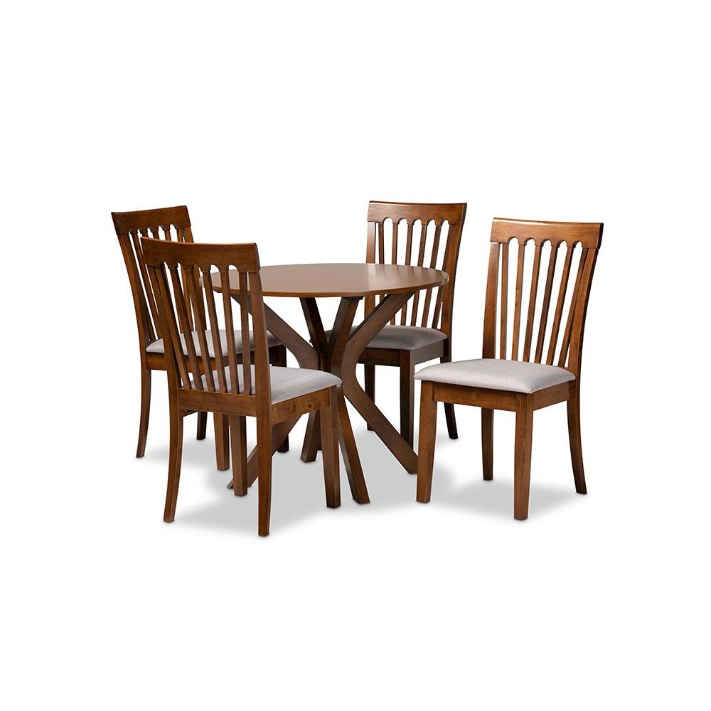 Grey Fabric Upholstered and Walnut Brown Finished Wood 5-Piece Dining Set