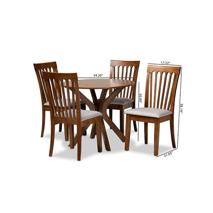 Grey Fabric Upholstered and Walnut Brown Finished Wood 5-Piece Dining Set