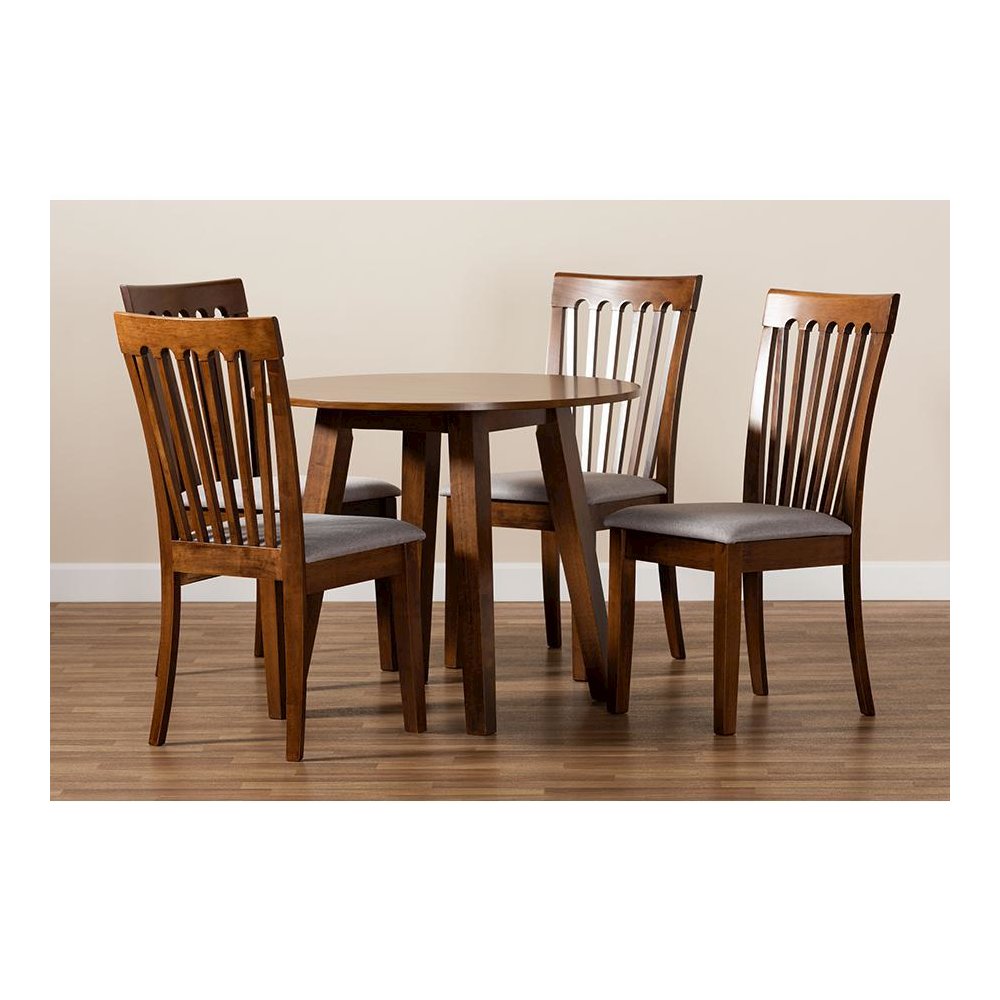 Grey Fabric Upholstered and Walnut Brown Finished Wood 5-Piece Dining Set