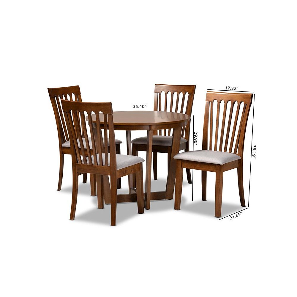 Grey Fabric Upholstered and Walnut Brown Finished Wood 5-Piece Dining Set