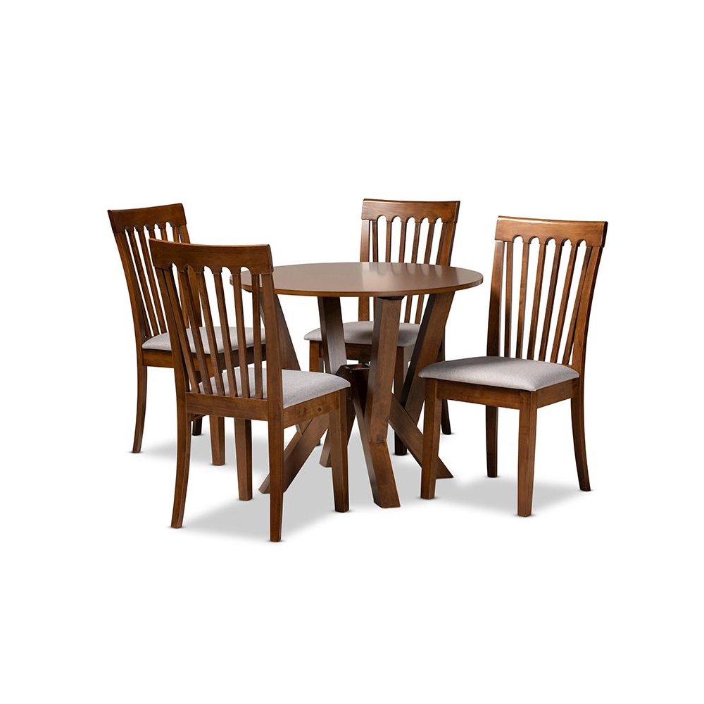 Grey Fabric Upholstered and Walnut Brown Finished Wood 5-Piece Dining Set