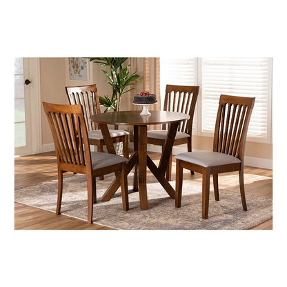 Grey Fabric Upholstered and Walnut Brown Finished Wood 5-Piece Dining Set