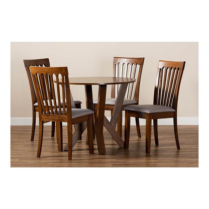 Grey Fabric Upholstered and Walnut Brown Finished Wood 5-Piece Dining Set