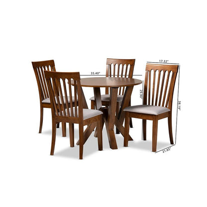 Grey Fabric Upholstered and Walnut Brown Finished Wood 5-Piece Dining Set