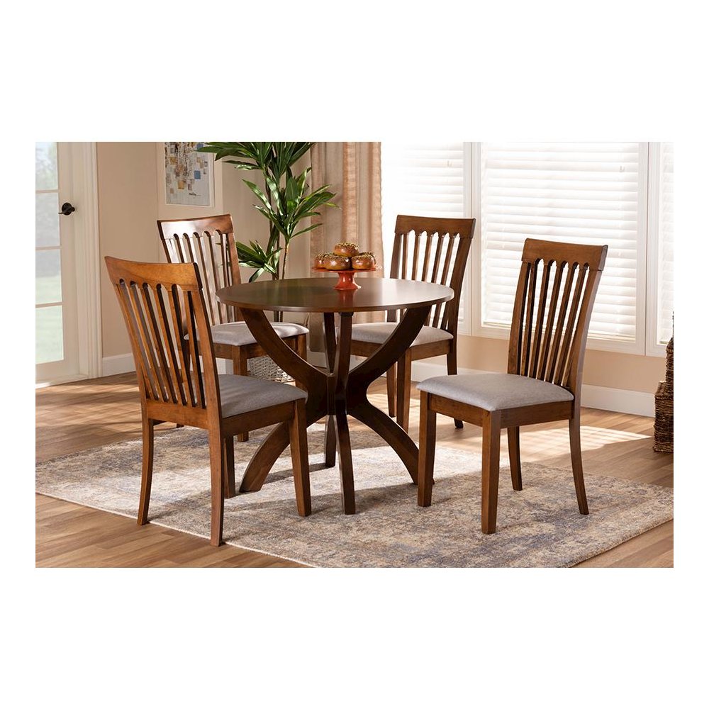 Grey Fabric Upholstered and Walnut Brown Finished Wood 5-Piece Dining Set