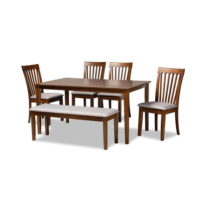 Grey Fabric Upholstered and Walnut Brown Finished Wood 6-Piece Dining Set