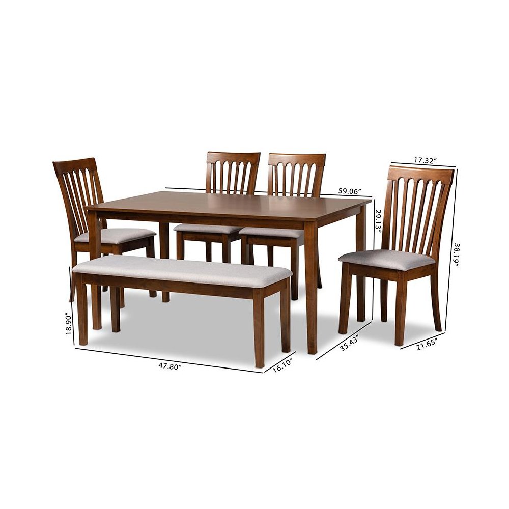 Grey Fabric Upholstered and Walnut Brown Finished Wood 6-Piece Dining Set