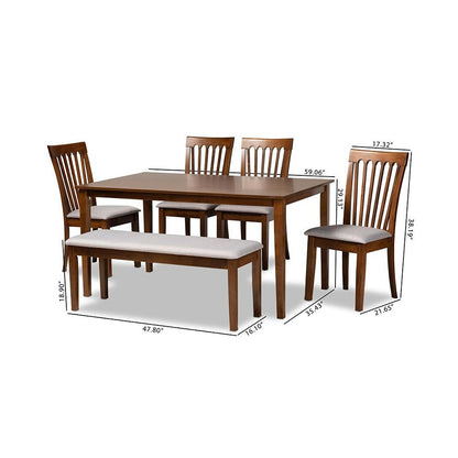 Grey Fabric Upholstered and Walnut Brown Finished Wood 6-Piece Dining Set