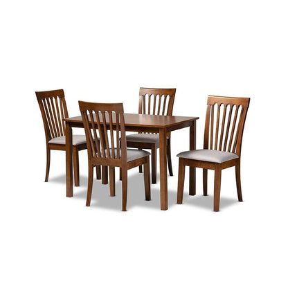 Grey Fabric Upholstered and Walnut Brown Finished Wood 5-Piece Dining Set