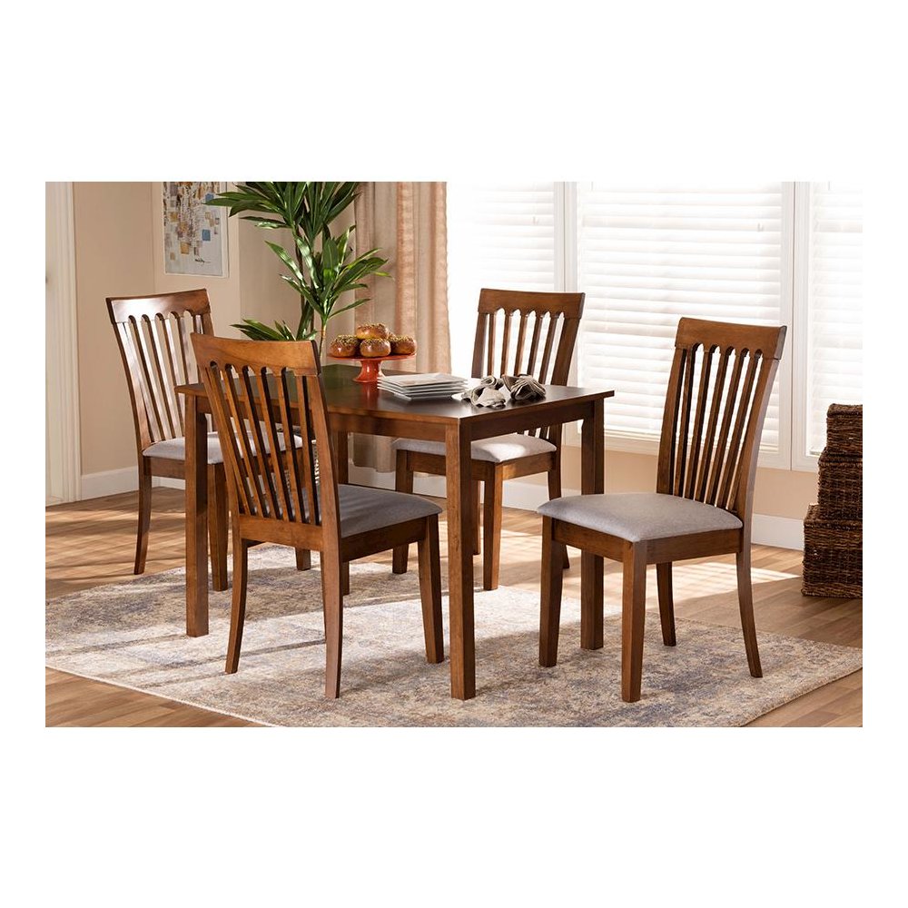 Grey Fabric Upholstered and Walnut Brown Finished Wood 5-Piece Dining Set