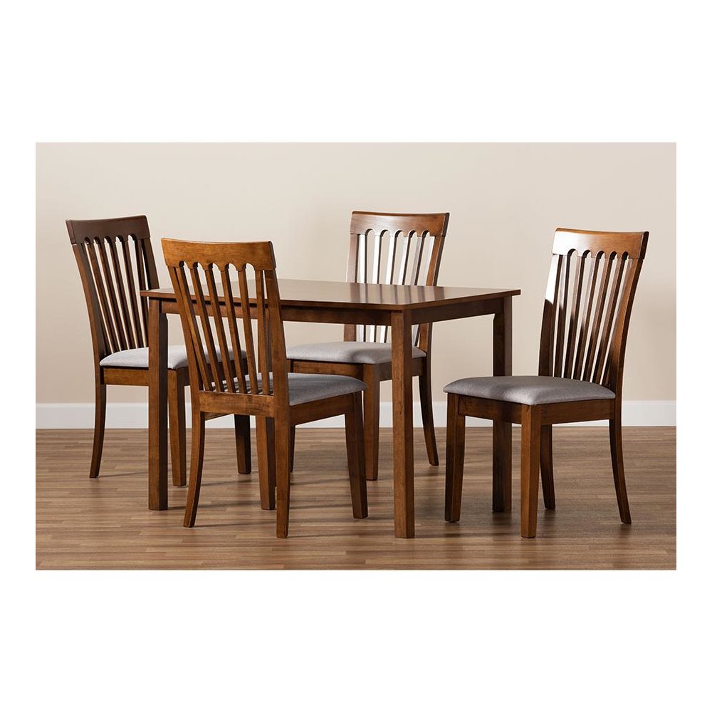 Grey Fabric Upholstered and Walnut Brown Finished Wood 5-Piece Dining Set