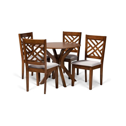 Grey Fabric Upholstered and Walnut Brown Finished Wood 5-Piece Dining Set