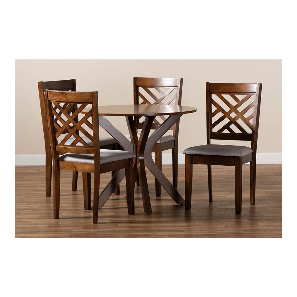 Grey Fabric Upholstered and Walnut Brown Finished Wood 5-Piece Dining Set