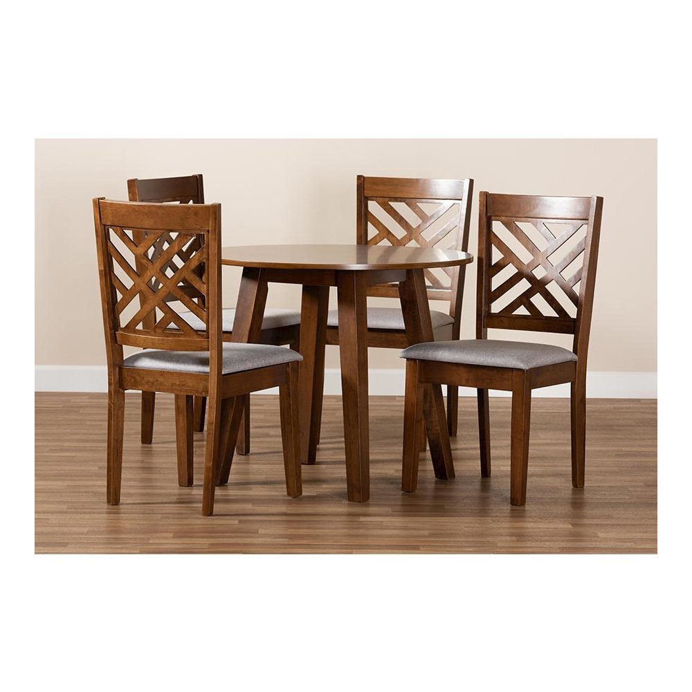 Grey Fabric Upholstered and Walnut Brown Finished Wood 5-Piece Dining Set