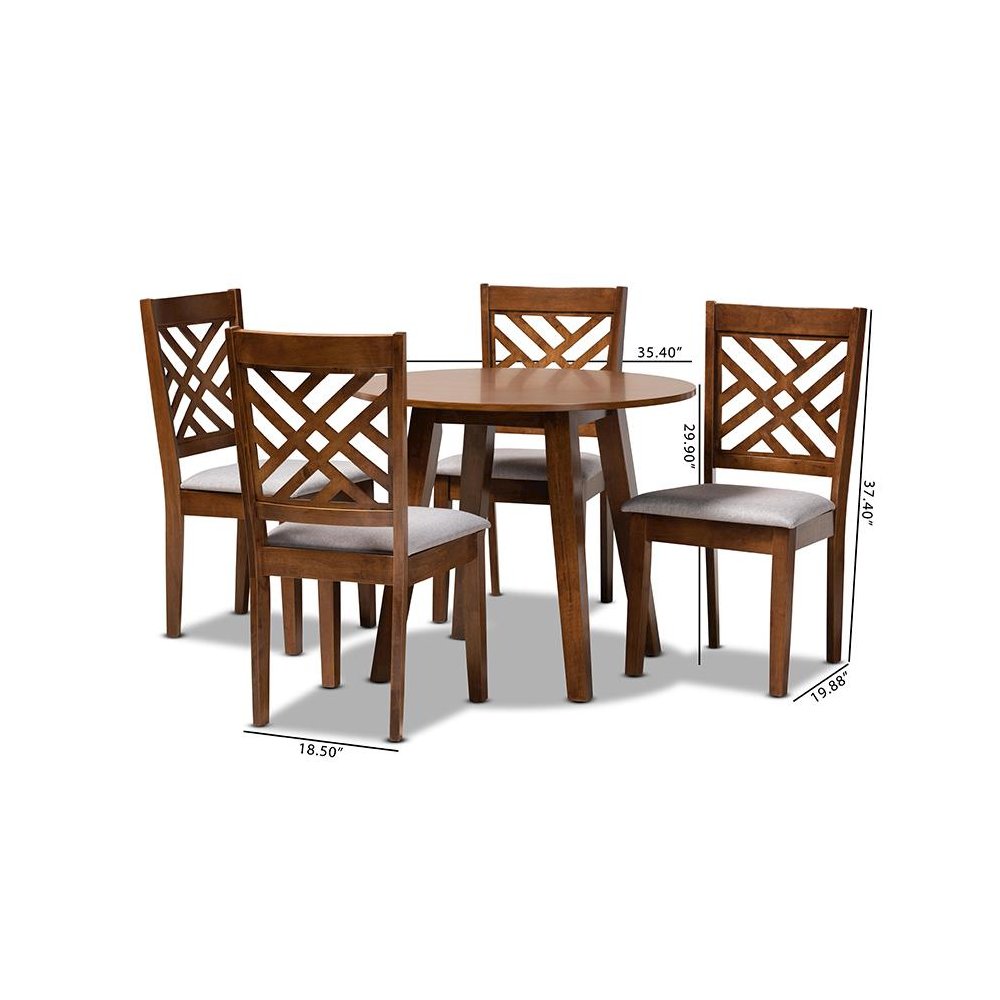 Grey Fabric Upholstered and Walnut Brown Finished Wood 5-Piece Dining Set