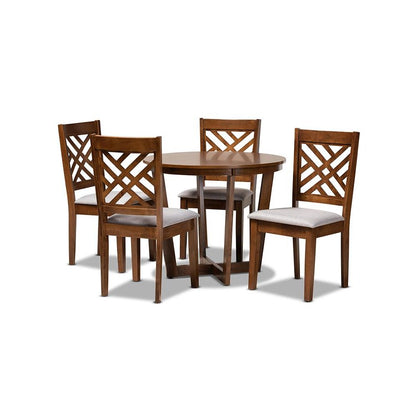 Grey Fabric Upholstered and Walnut Brown Finished Wood 5-Piece Dining Set
